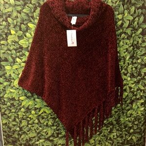NWTS Pinkalicious Cowl Neck Knitted Soft Burgundy Shawl/Poncho Fringed 
O/S